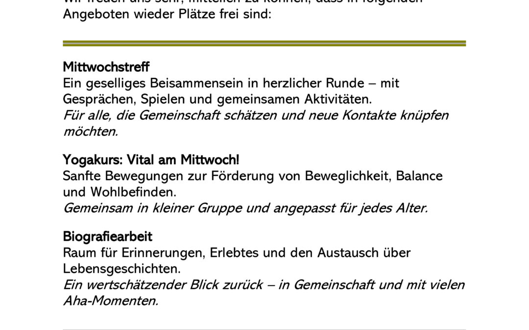 Seniorenbereich: Freie Plätze in unseren Gruppen!